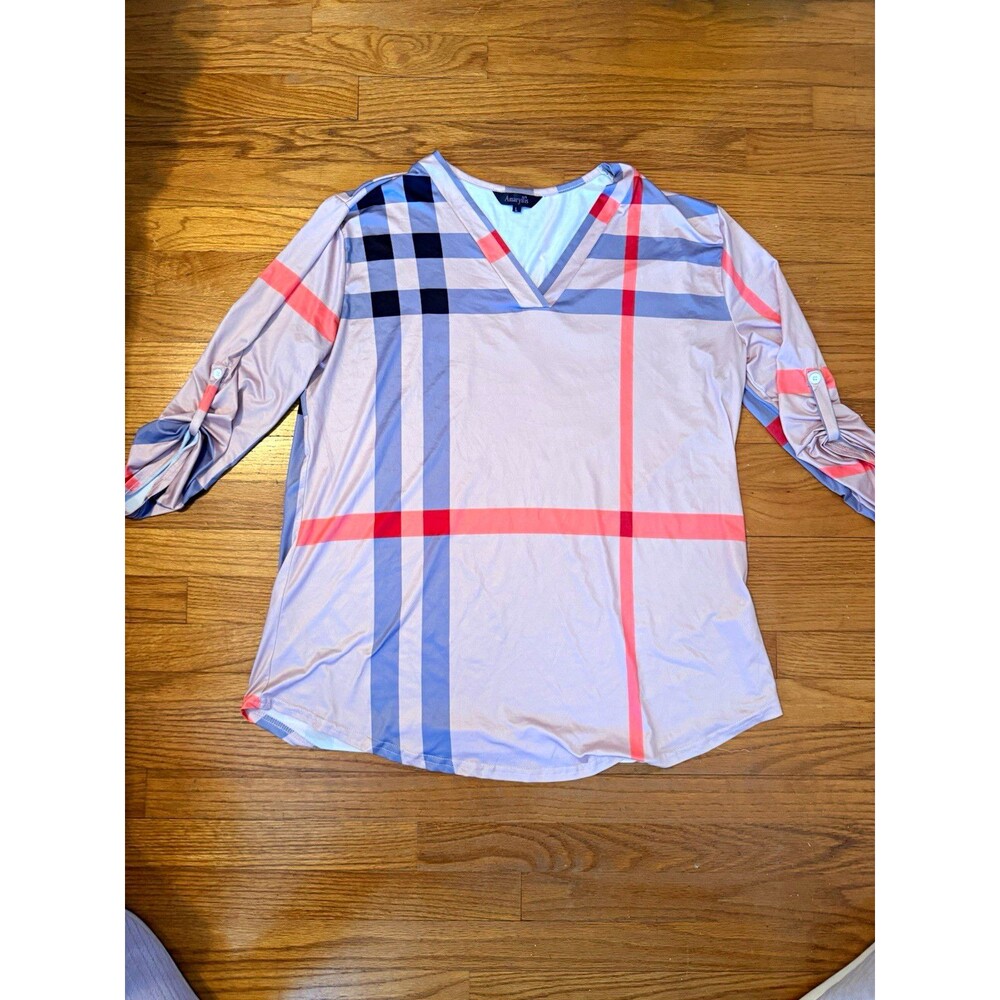 Amaryllis Plaid V-Neck Tunic Blouse 3/4 Sleeve Tie Cuff L White Blue Coral